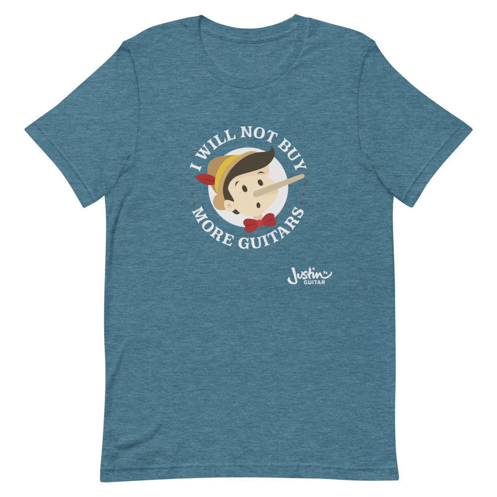 Teal tshirt featuring 'I will not buy more guitars' Pinocchio design. 