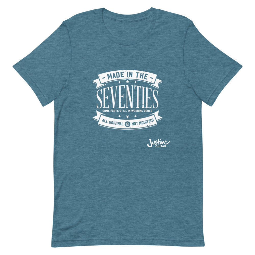 Teal tshirt with 'Made in the seventies' design.