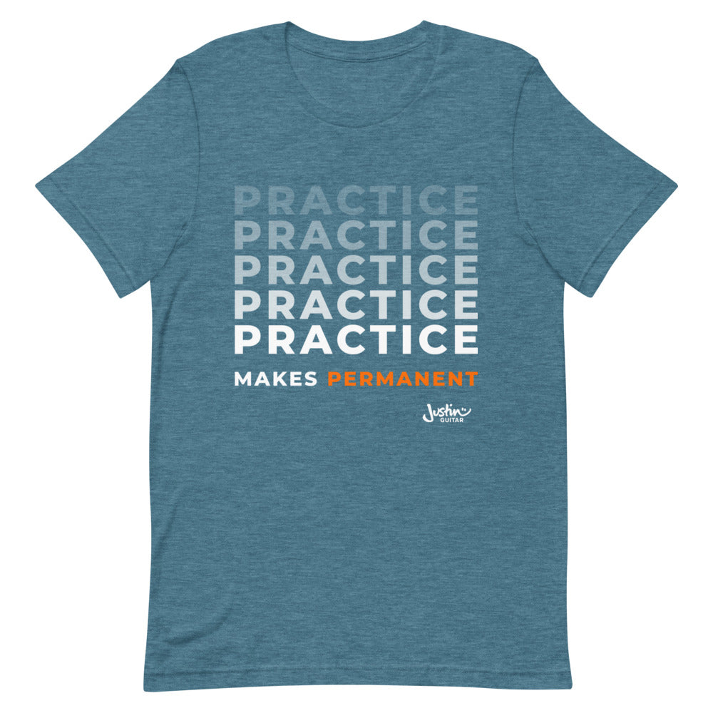 Teal tshirt with 'Practice makes permanent' design.