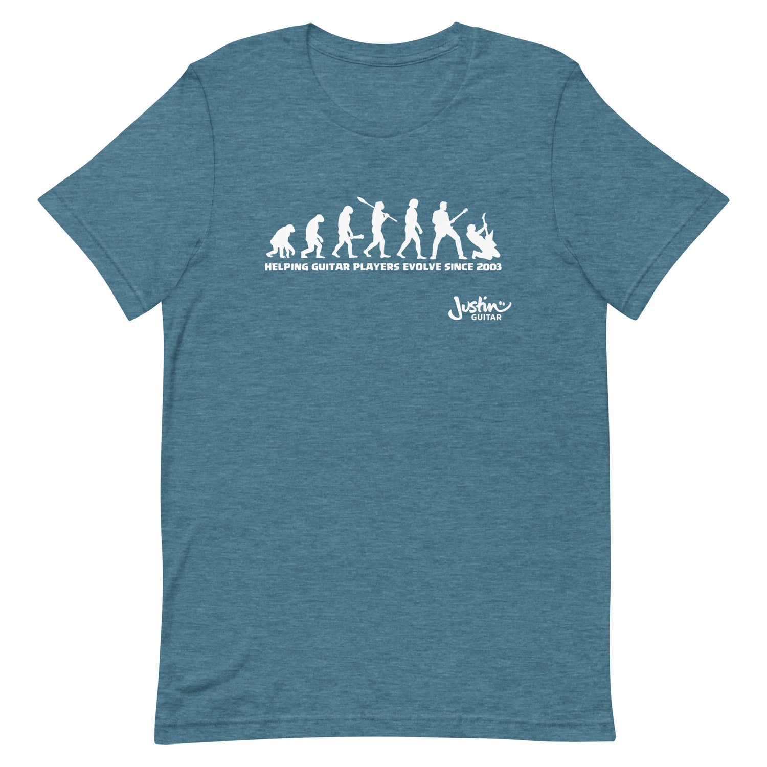 Deep teal Tshirt with funny design of evolving guitar players through time. 