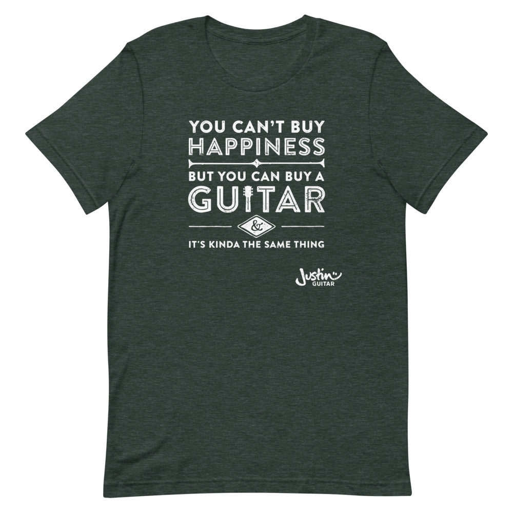 Forest green tshirt with designs stating 'you can't buy happiness, but you can buy a guitar & it's kinda the same thing' 