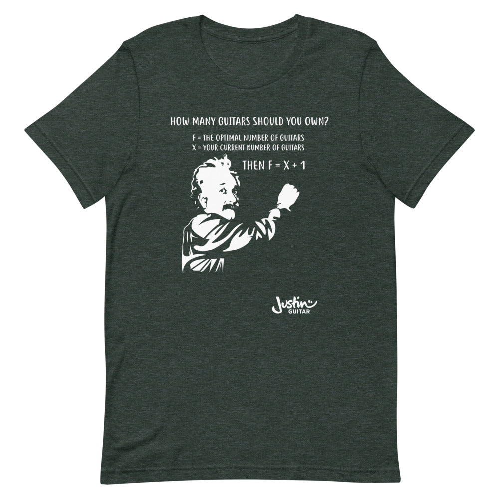 Green Tshirt with design featuring Einstein calculating how many guitars you you should own. 