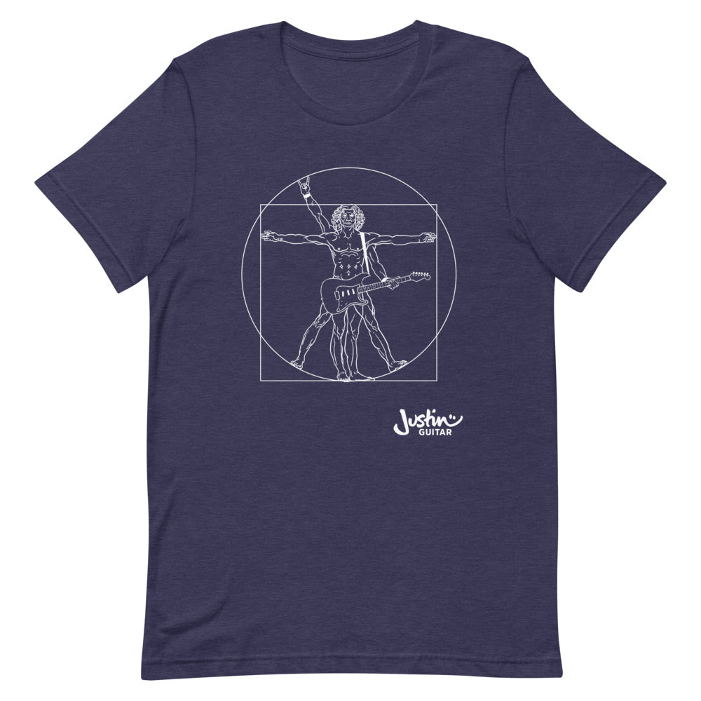 Midnight Navy T-Shirt with a design of Da Vinci playing the electric guitar. 