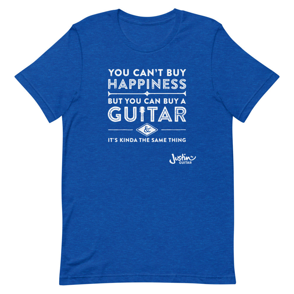 Royal blue tshirt with designs stating 'you can't buy happiness, but you can buy a guitar & it's kinda the same thing' 