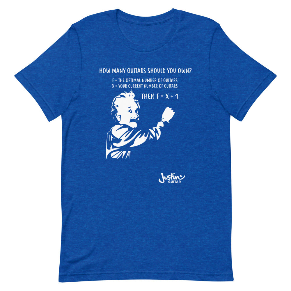 Royal Blue Tshirt with design featuring Einstein calculating how many guitars a guitar lover should own. 