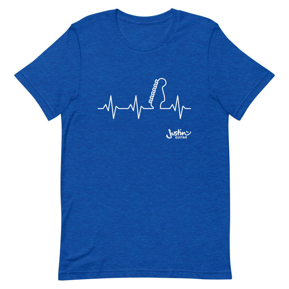 Blue tshirt with guitar heartbeat design.