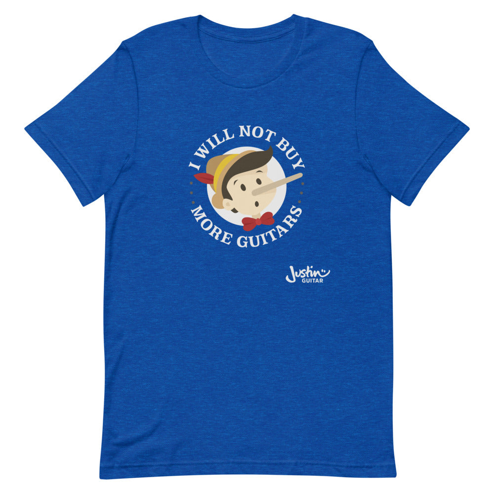 Royal blue tshirt featuring 'I will not buy more guitars' Pinocchio design. 