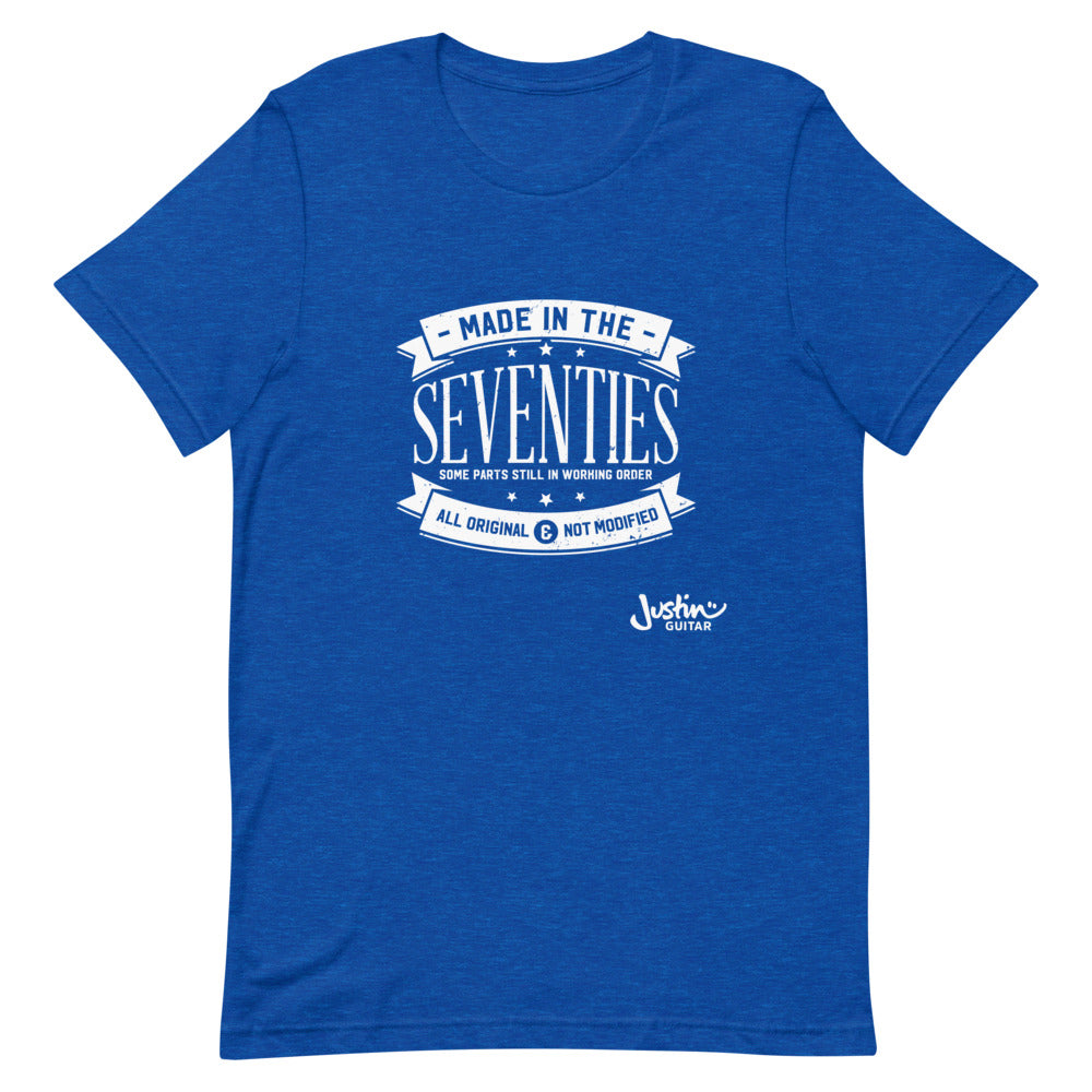 Royal blue tshirt with 'Made in the seventies' design.