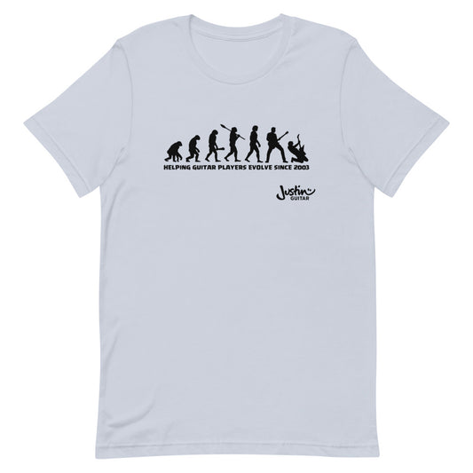 Light blue Tshirt with funny design of evolving guitar players through time.