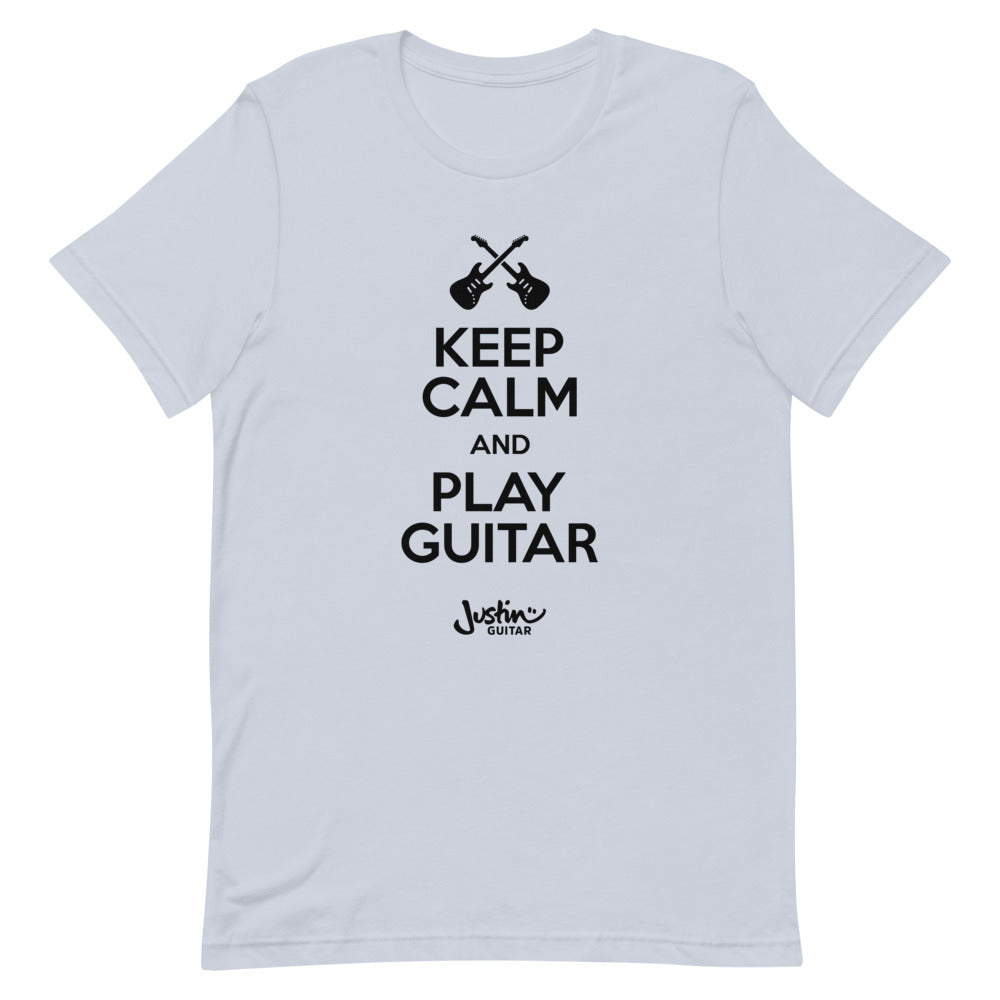 Light blue tshirt with 'Keep calm and play guitar' design.