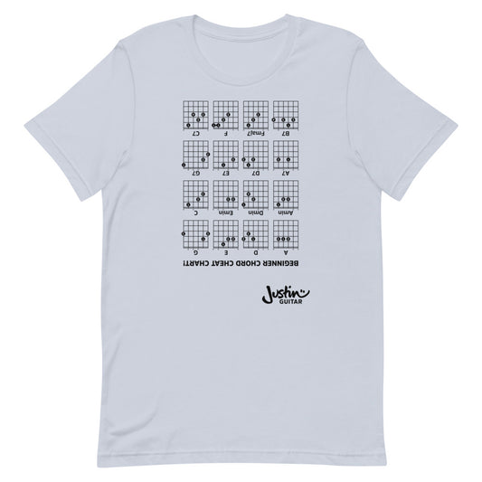 Light blue Tshirt with an upside down Beginner Chords Chart Guitar Shirt.