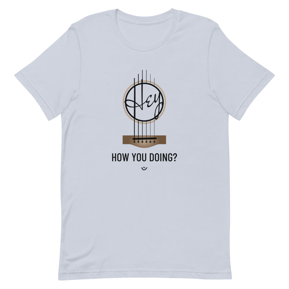 Light blue tshirt with 'Hey, How you doing? guitar design.