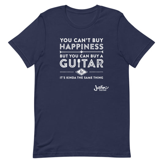 Navy tshirt with designs stating 'you can't buy happiness, but you can buy a guitar & it's kinda the same thing' 
