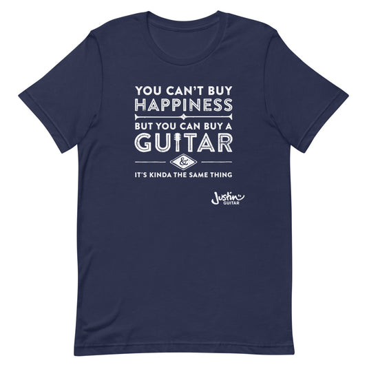 Navy tshirt with designs stating 'you can't buy happiness, but you can buy a guitar & it's kinda the same thing'
