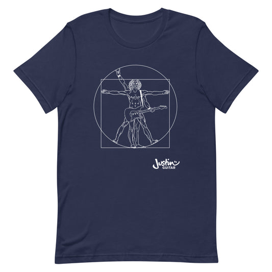 Navy T-Shirt with a design of Da Vinci playing the electric guitar. 