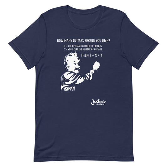Navy Tshirt with design featuring Einstein calculating how many guitars a guitar lover should own. 