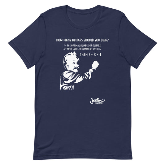 Navy Tshirt with design featuring Einstein calculating how many guitars a guitar lover should own.