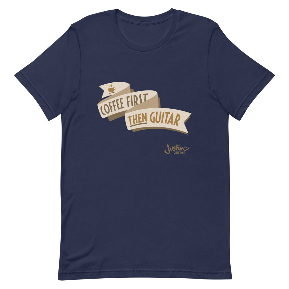 Navy tshirt with 'Coffee First, then guitar' design. 