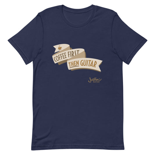 Navy tshirt with 'Coffee First, then guitar' design.