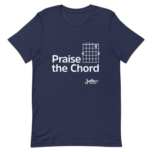 Navy tshirt with 'praise the chord' guitar chord design. 