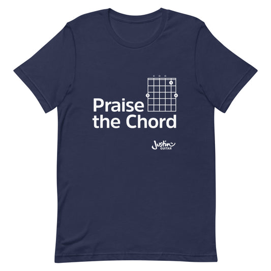Navy tshirt with 'praise the chord' guitar chord design.