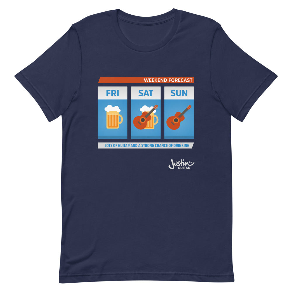 Navy tshirt with weekend forecast design showing lots of guitar and a strong change of drinking.