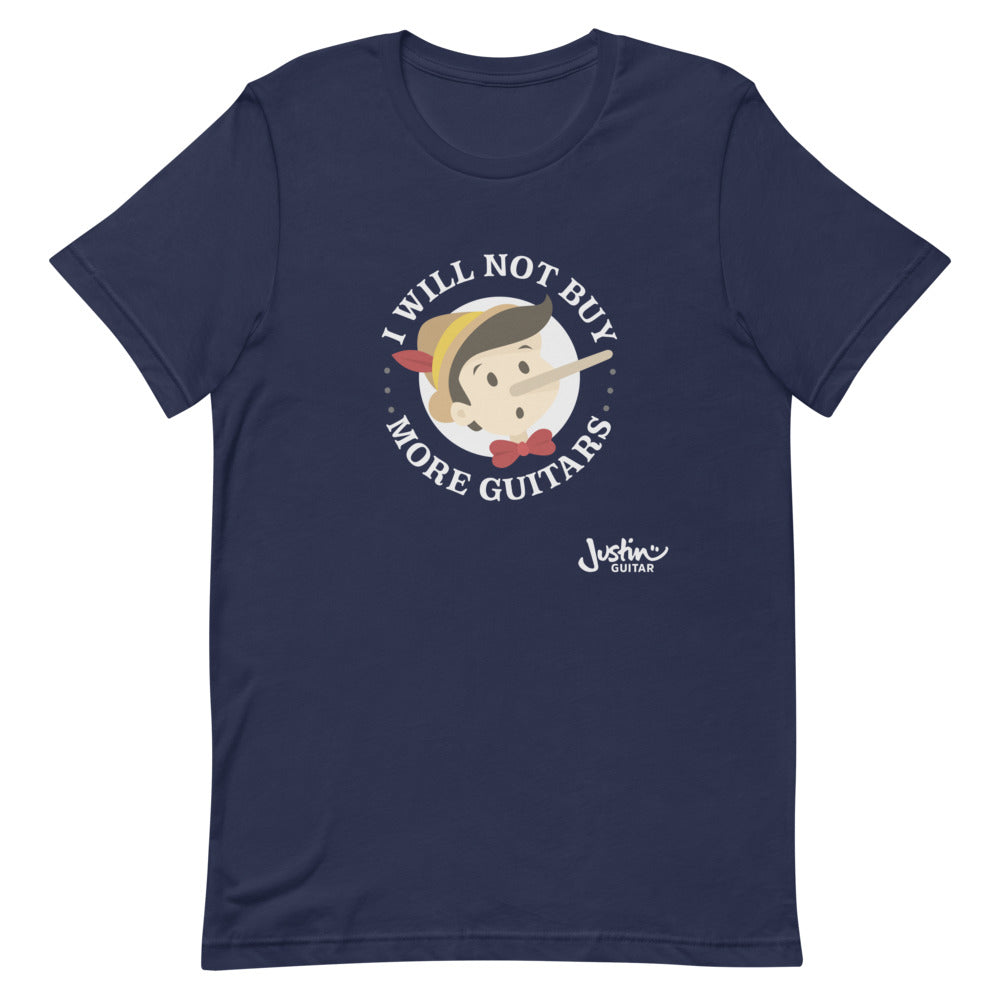 Navy tshirt featuring 'I will not buy more guitars' Pinocchio design. 