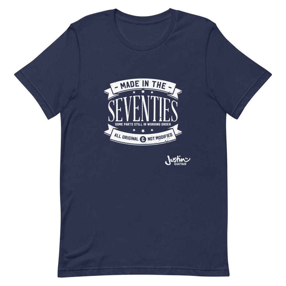 Navy tshirt with 'Made in the seventies' design.