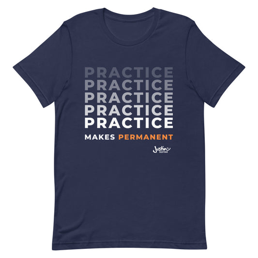 Navy tshirt with 'Practice makes permanent' design.