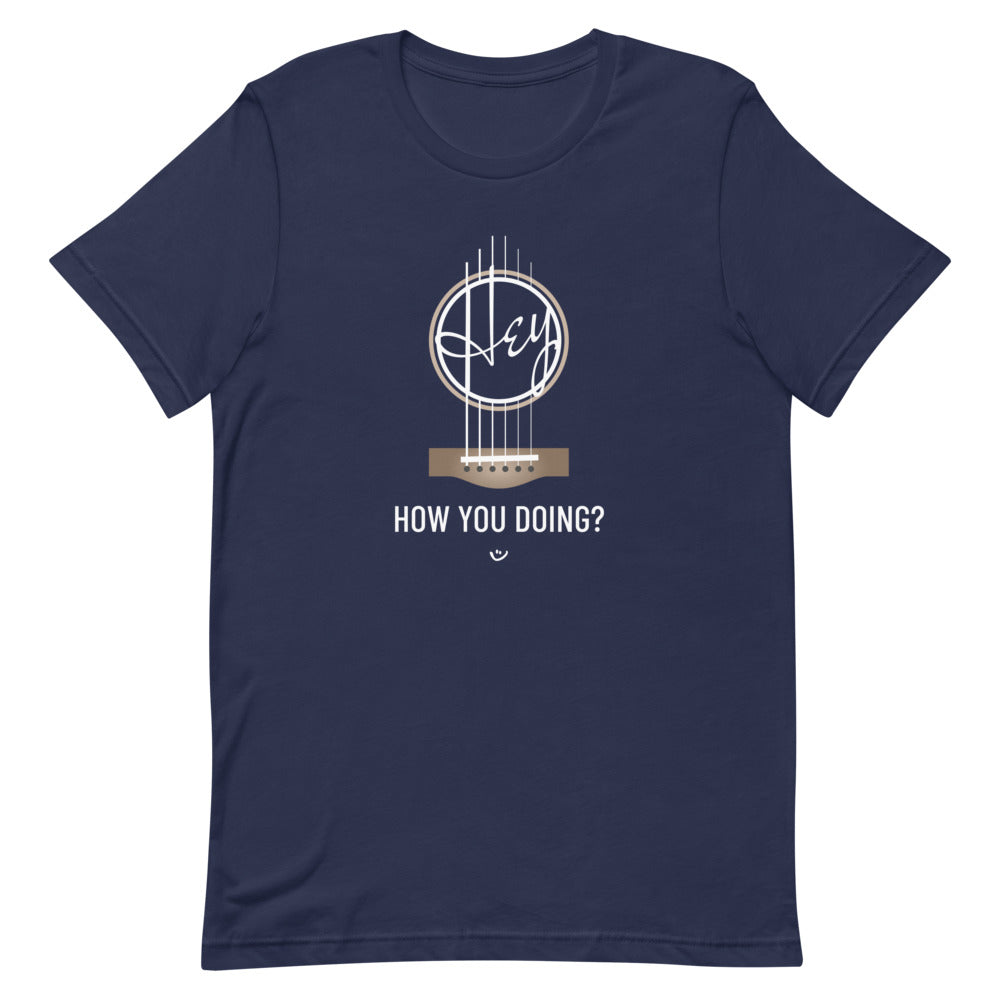 Navy tshirt with 'Hey, How you doing? guitar design.