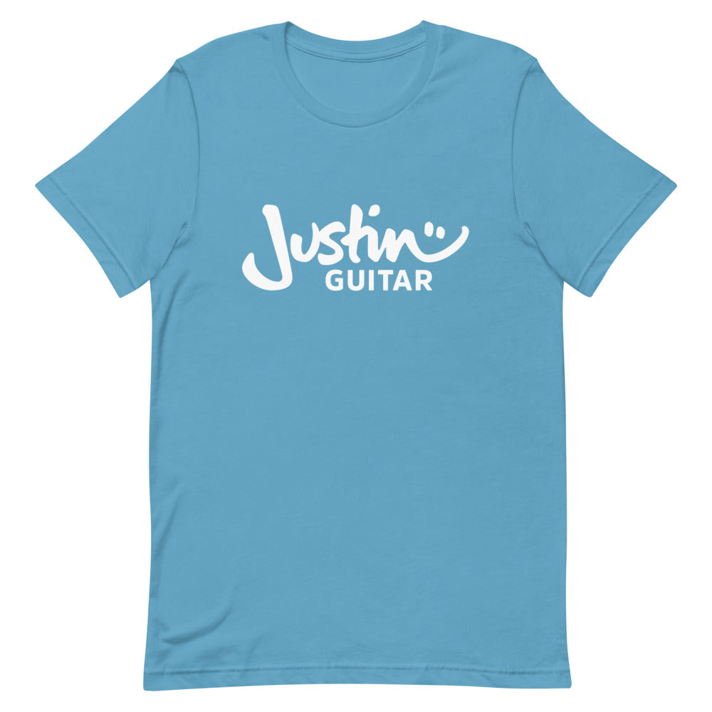 Ocean blue tshirt with JustinGuitar logo.