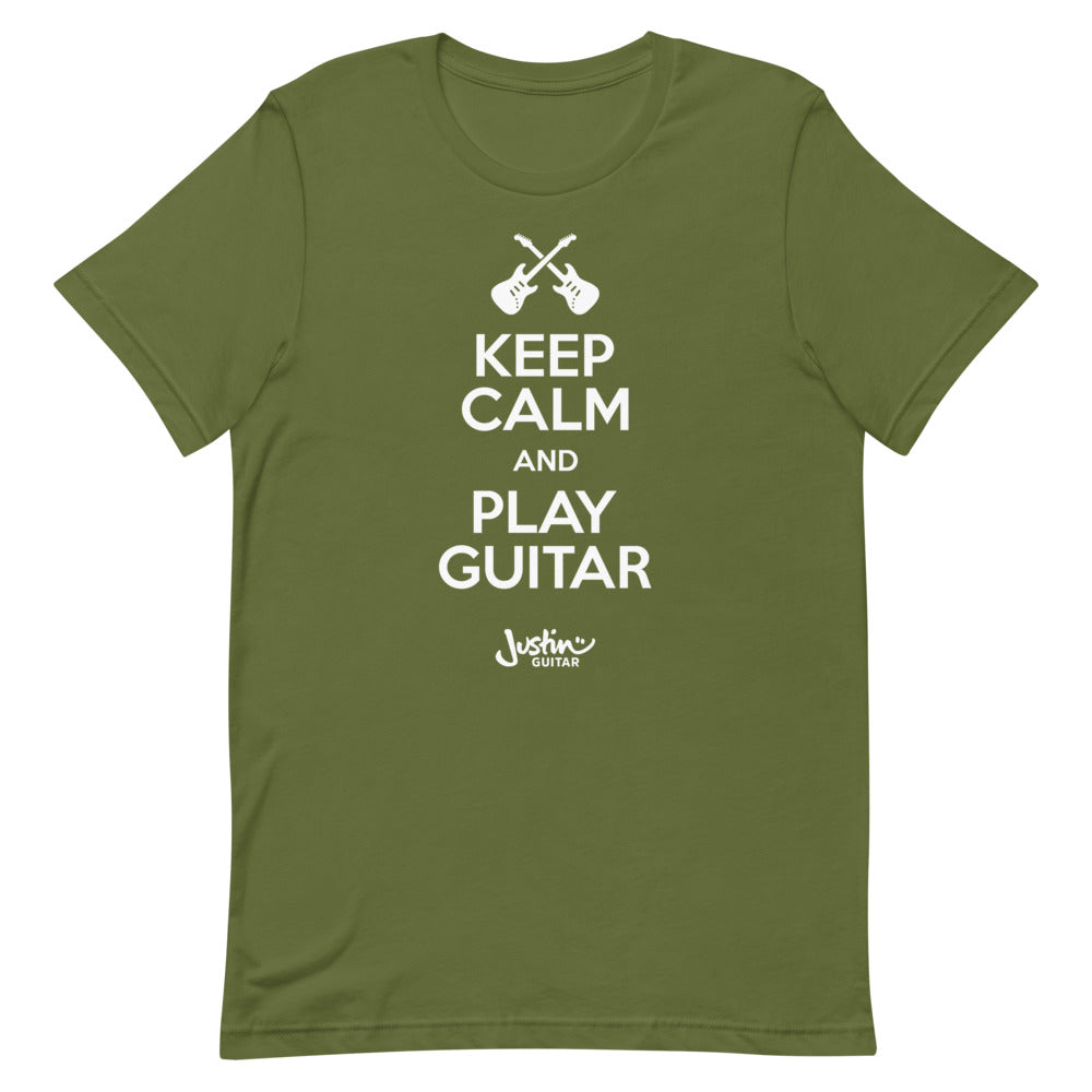 Green tshirt with 'Keep calm and play guitar' design.