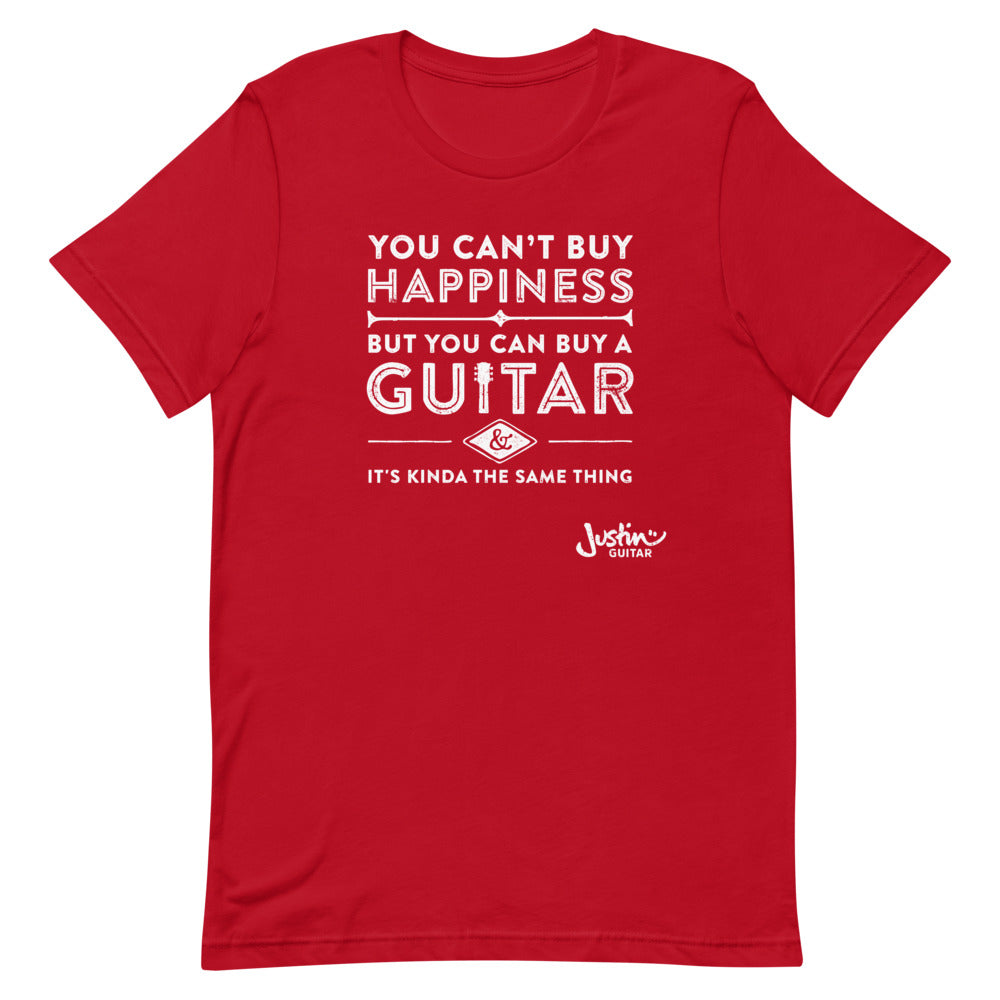 Red tshirt with designs stating 'you can't buy happiness, but you can buy a guitar & it's kinda the same thing' 