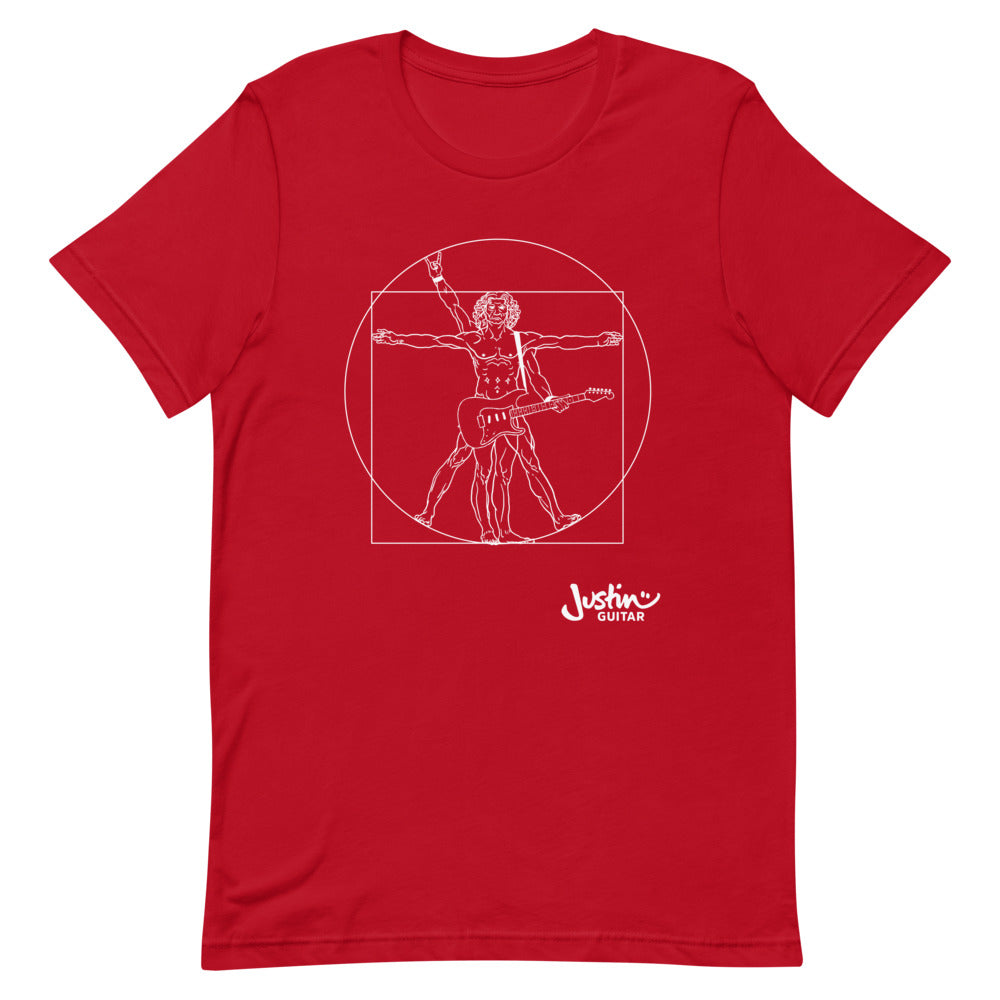 Red T-Shirt with a design of Da Vinci playing the electric guitar. 