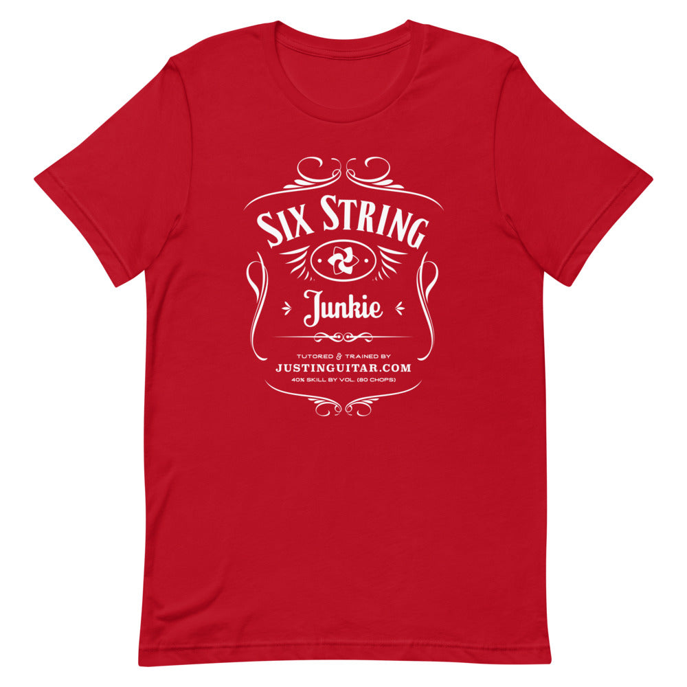 Red tshirt with six string junkie design.