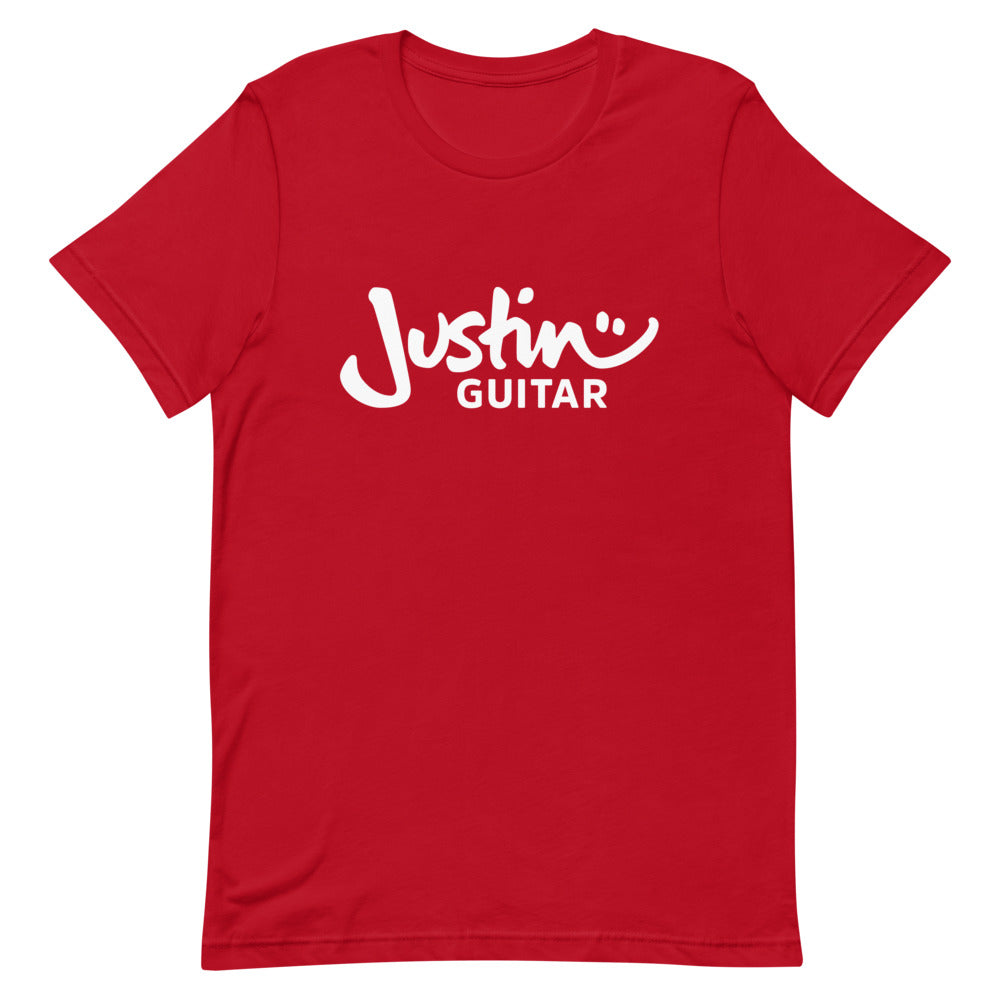 Red tshirt with JustinGuitar logo.