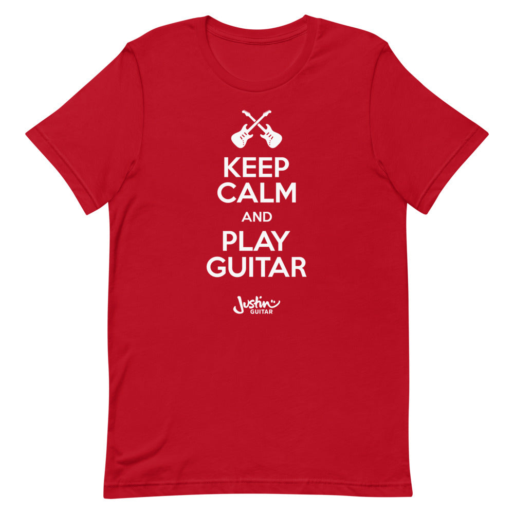  Red tshirt with 'Keep calm and play guitar' design.
