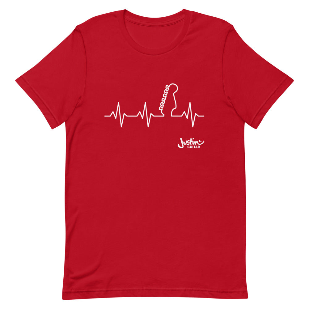 Red tshirt with guitar heartbeat design.