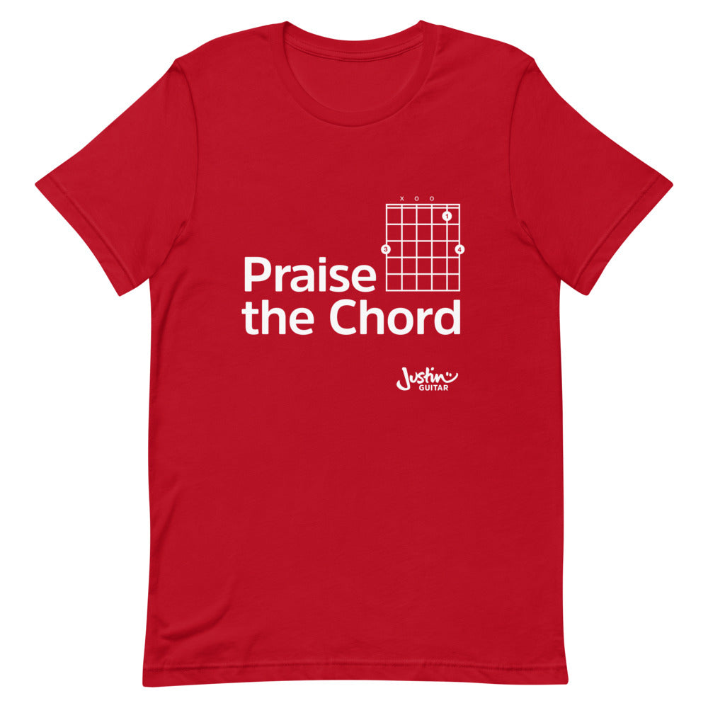 Red tshirt with 'praise the chord' guitar chord design. 
