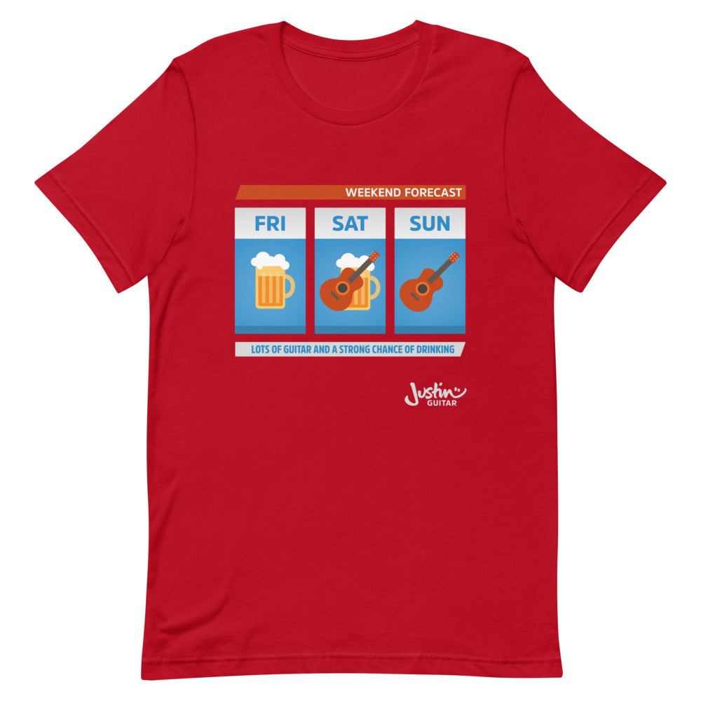 Red tshirt with weekend forecast design showing lots of guitar and a strong change of drinking.