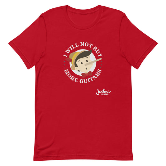 Red tshirt featuring 'I will not buy more guitars' Pinocchio design. 