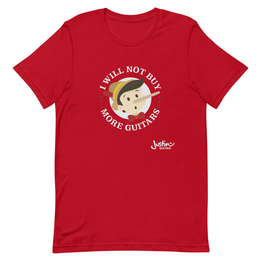 Red tshirt featuring 'I will not buy more guitars' Pinocchio design.