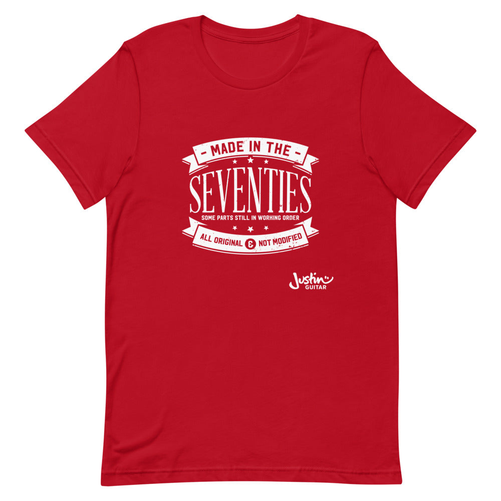 Red tshirt with 'Made in the seventies' design.