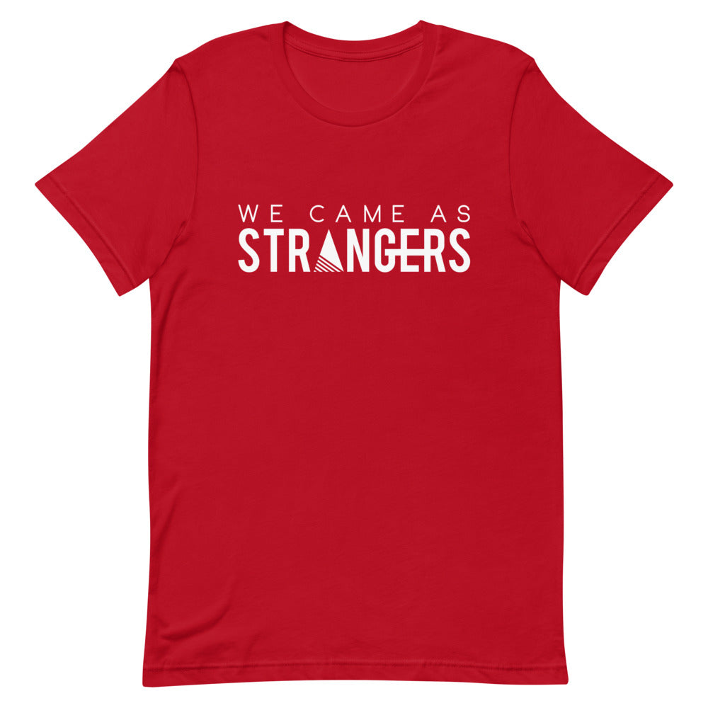 Red tshirt with We Came As Strangers band logo.
