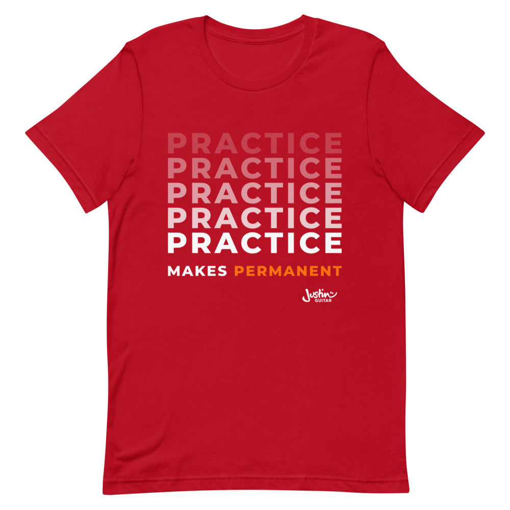 Red tshirt with 'Practice makes permanent' design.