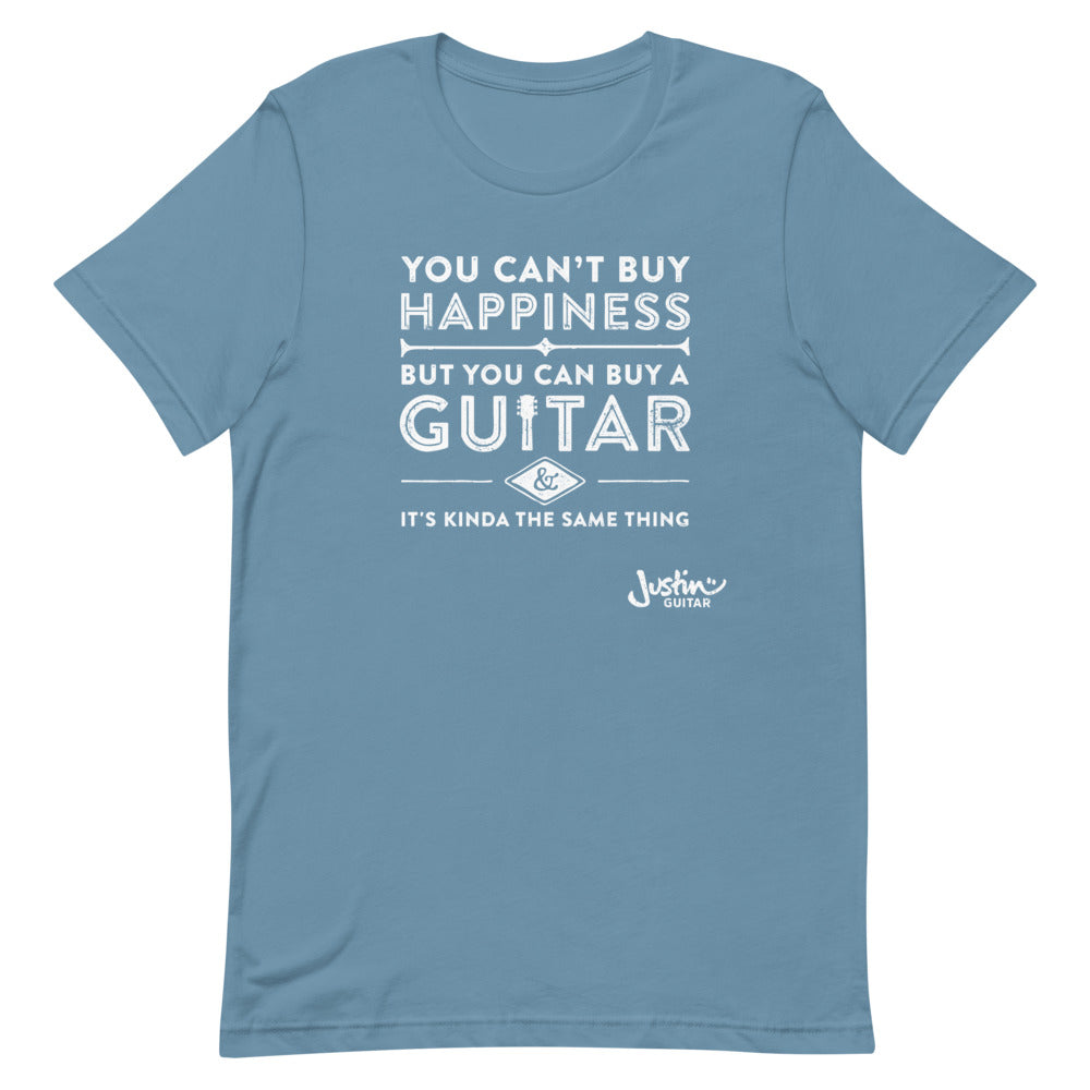 Steel blue tshirt with designs stating 'you can't buy happiness, but you can buy a guitar & it's kinda the same thing' 
