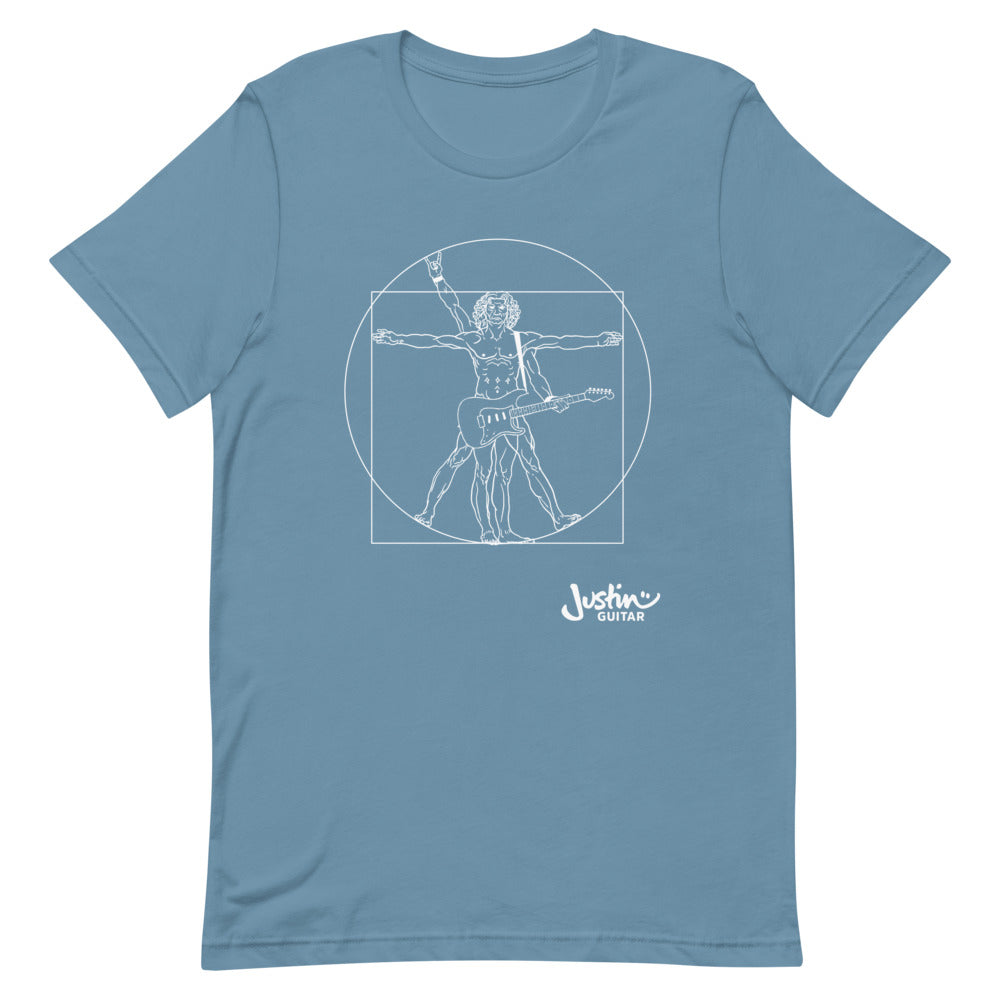 Steel blue T-Shirt with a design of Da Vinci playing the electric guitar. 