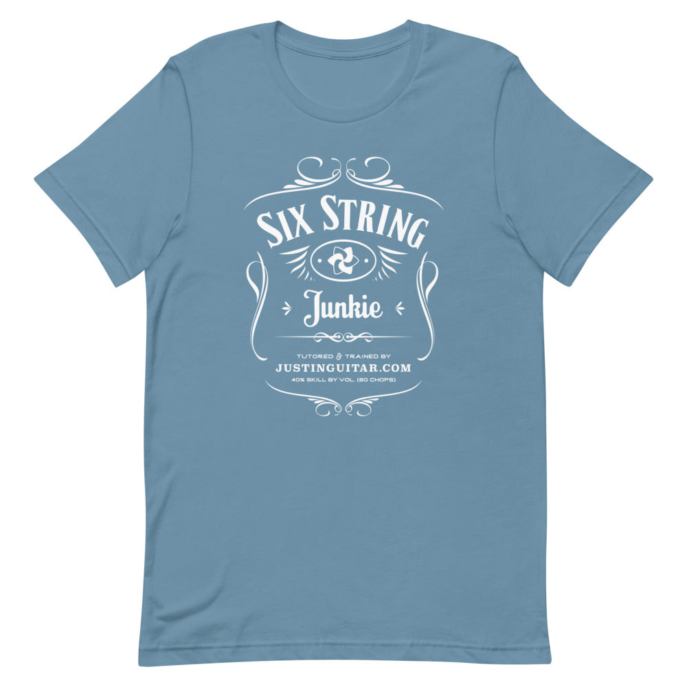 Blue tshirt with six string junkie design.