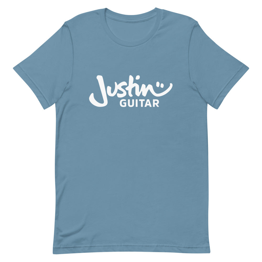 Blue steel tshirt with JustinGuitar logo.
