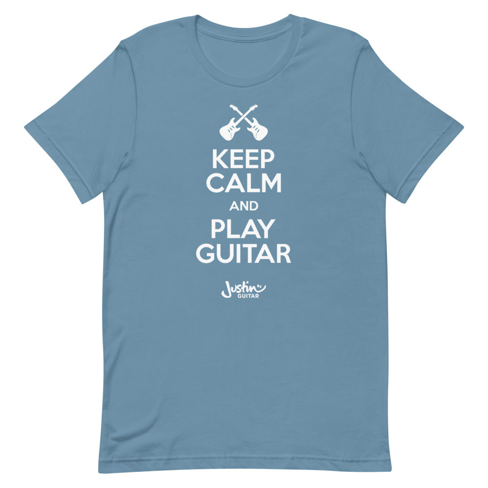 Blue steel tshirt with 'Keep calm and play guitar' design.